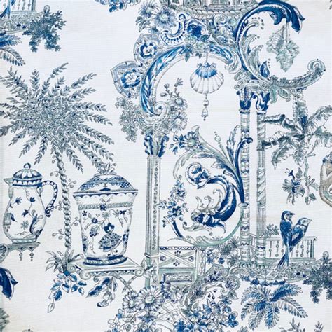 Tissu technique à motif Toile de Jouy blanc et bleu 